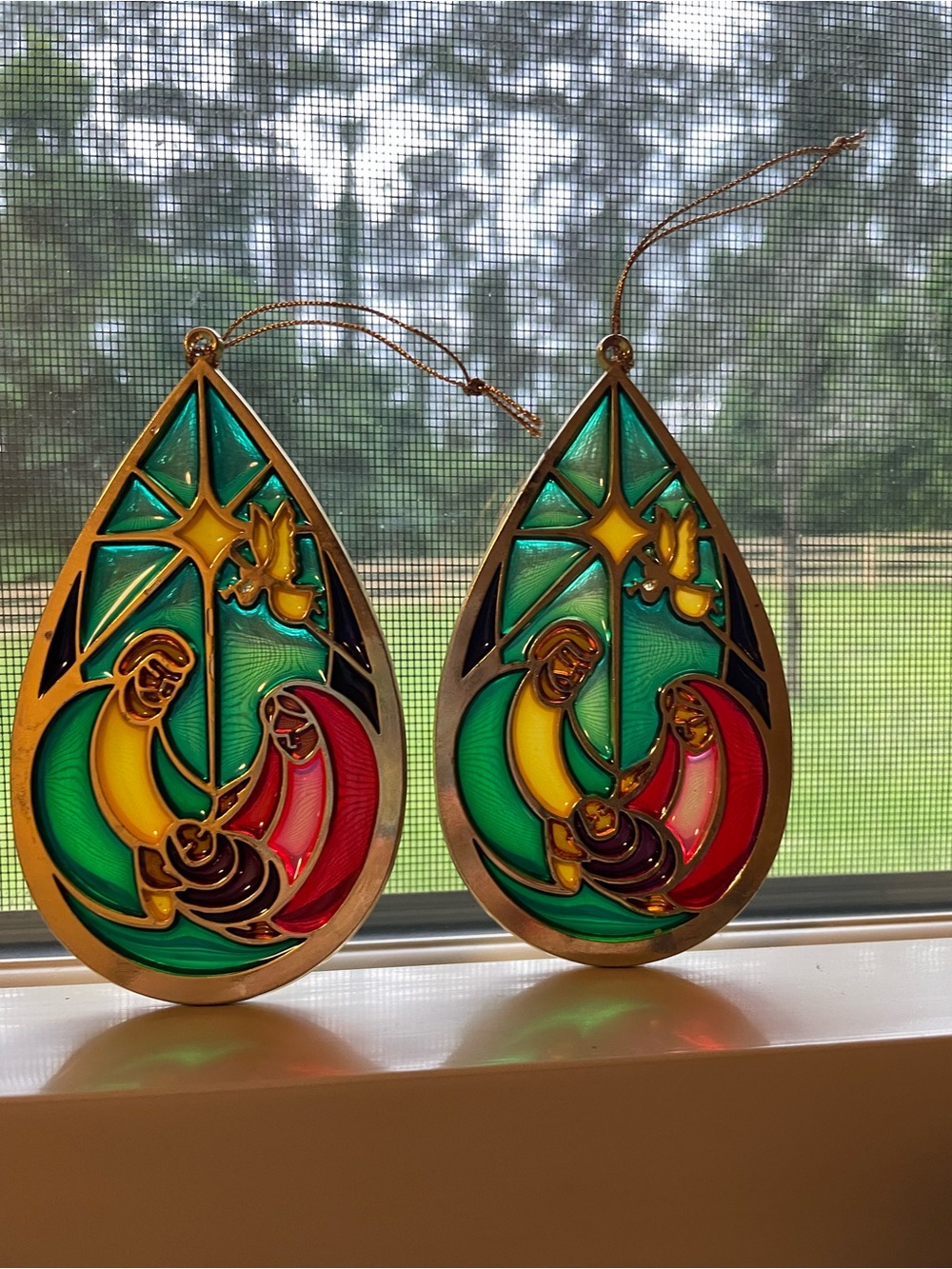 Stained Glass Nativity Teardrop Ornaments - Green, Red, Yellow